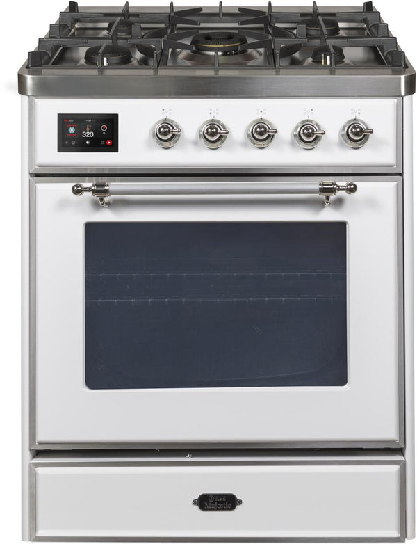 ILVE 30" Majestic II Dual Fuel Range with 5 Burners - 2.3 cu. ft. Oven - Chrome Trim in White (UM30DNE3WHC)