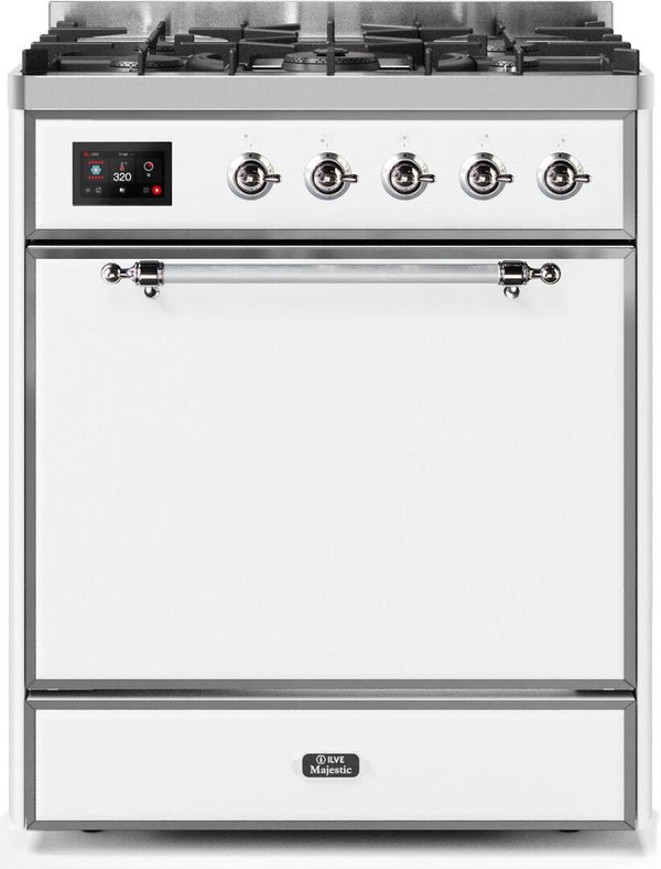 ILVE 30" Majestic II Dual Fuel Range with 5 Burners - 2.3 cu. ft. Oven - Chrome Trim in White (UM30DQNE3WHC)