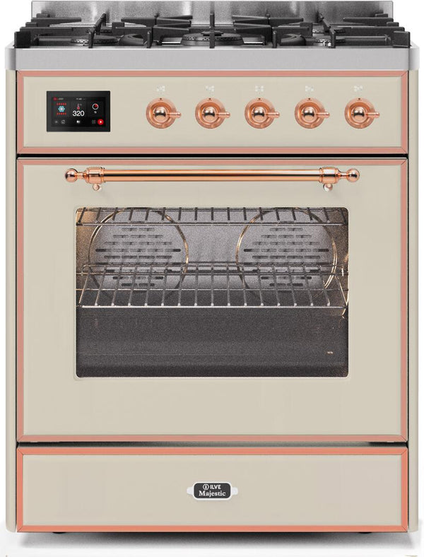 ILVE 30" Majestic II Dual Fuel Range with 5 Burners - 2.3 cu. ft. Oven - Copper Trim in Antique White (UM30DNE3AWP)