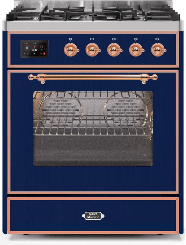 ILVE 30" Majestic II Dual Fuel Range with 5 Burners - 2.3 cu. ft. Oven - Copper Trim in Blue (UM30DNE3MBP)