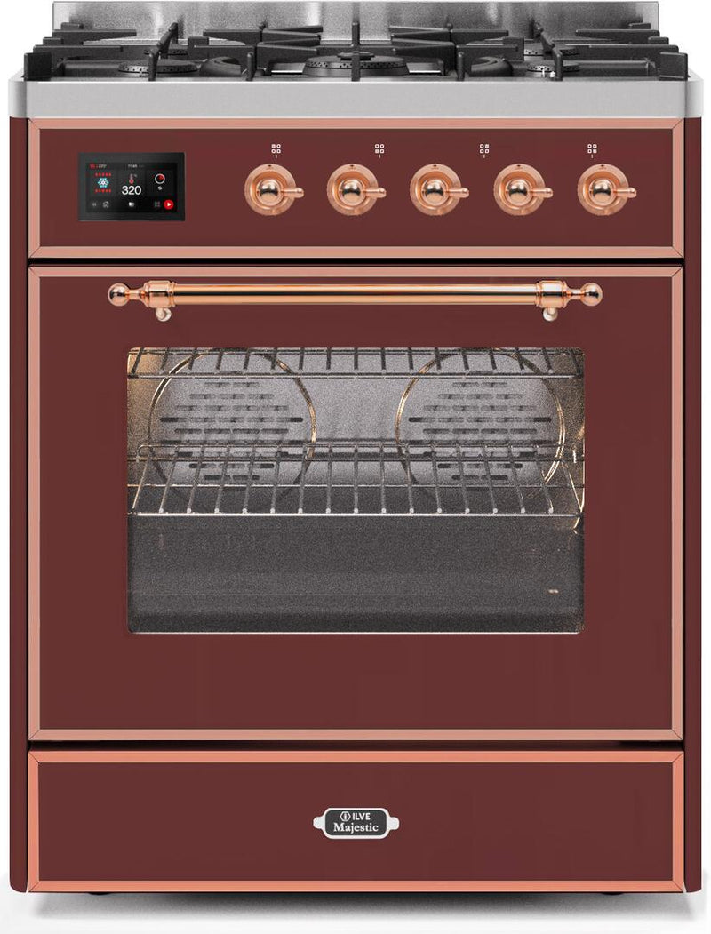 ILVE 30" Majestic II Dual Fuel Range with 5 Burners - 2.3 cu. ft. Oven - Copper Trim in Burgundy (UM30DNE3BUP)