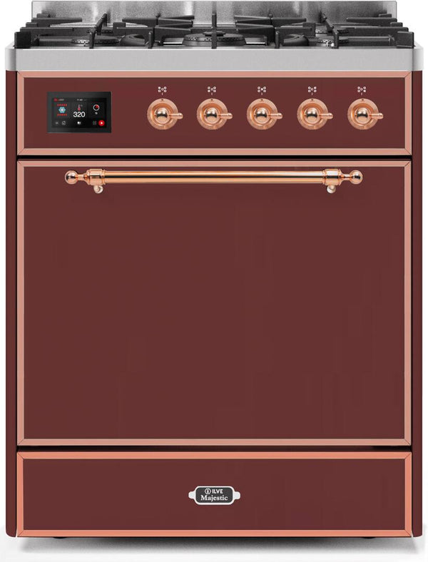 ILVE 30" Majestic II Dual Fuel Range with 5 Burners - 2.3 cu. ft. Oven - Copper Trim in Burgundy (UM30DQNE3BUP)