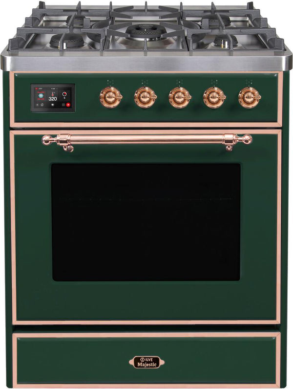 ILVE 30" Majestic II Dual Fuel Range with 5 Burners - 2.3 cu. ft. Oven - Copper Trim in Emerald Green (UM30DNE3EGP)