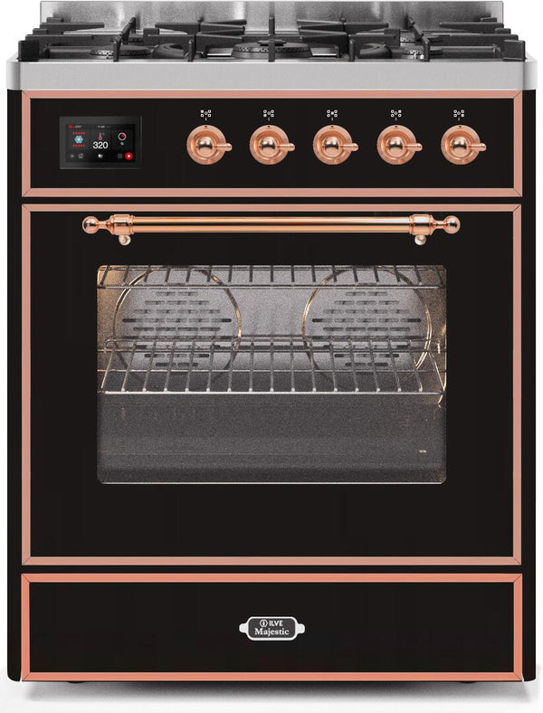 ILVE 30" Majestic II Dual Fuel Range with 5 Burners - 2.3 cu. ft. Oven - Copper Trim in Glossy Black (UM30DNE3BKP)