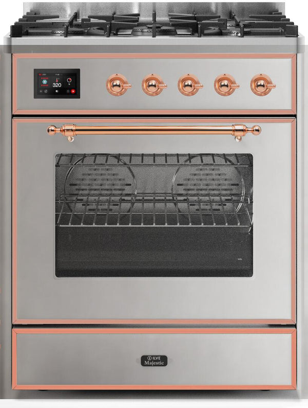 ILVE 30" Majestic II Dual Fuel Range with 5 Burners - 2.3 cu. ft. Oven - Copper Trim in Stainless Steel (UM30DNE3SSP)