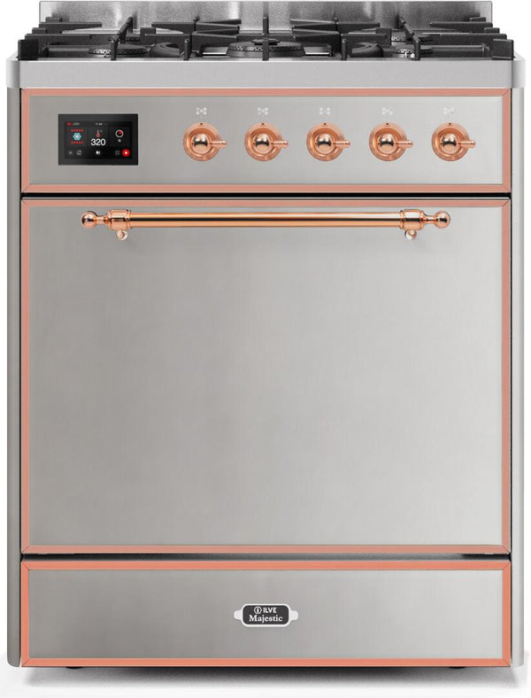 ILVE 30" Majestic II Dual Fuel Range with 5 Burners - 2.3 cu. ft. Oven - Copper Trim in Stainless Steel (UM30DQNE3SSP)