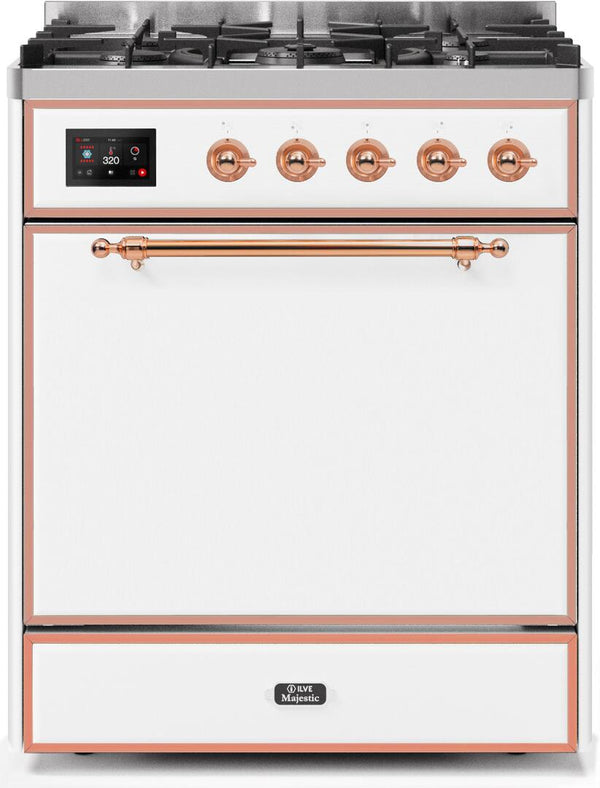 ILVE 30" Majestic II Dual Fuel Range with 5 Burners - 2.3 cu. ft. Oven - Copper Trim in White (UM30DQNE3WHP)