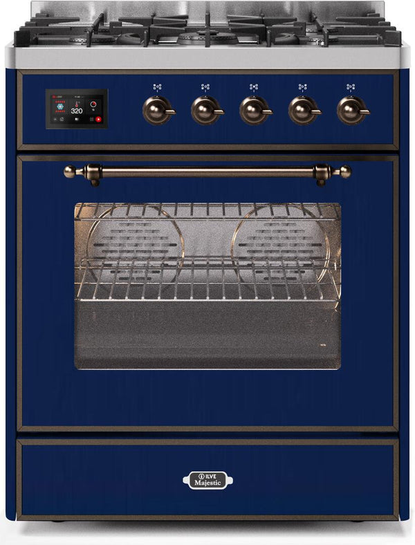 ILVE 30" Majestic II Dual Fuel Range with 5 Burners - Griddle - 2.3 cu. ft. Oven - Bronze Trim in Blue (UM30DNE3MBB)