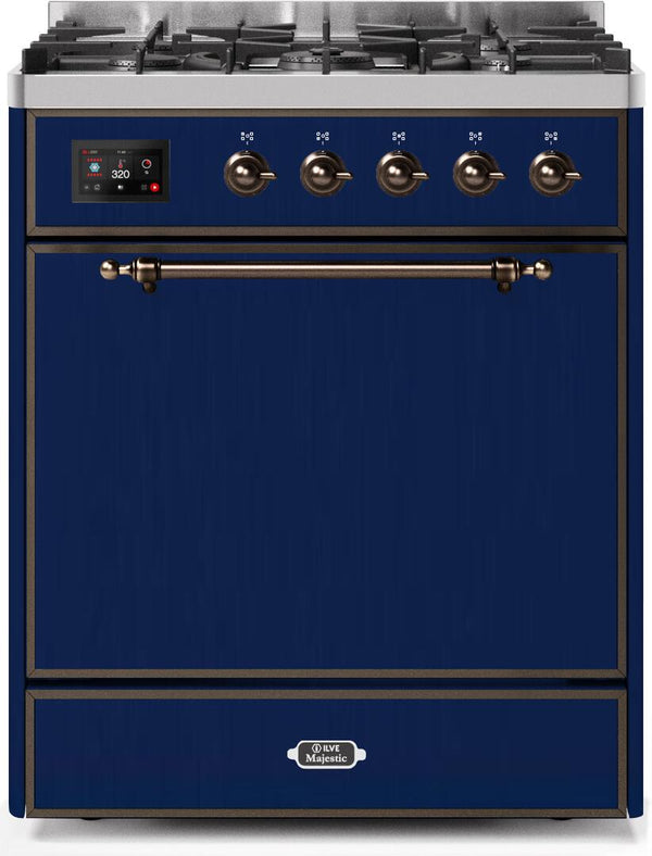 ILVE 30" Majestic II Dual Fuel Range with 5 Burners - Griddle - 2.3 cu. ft. Oven - Bronze Trim in Blue (UM30DQNE3MBB)