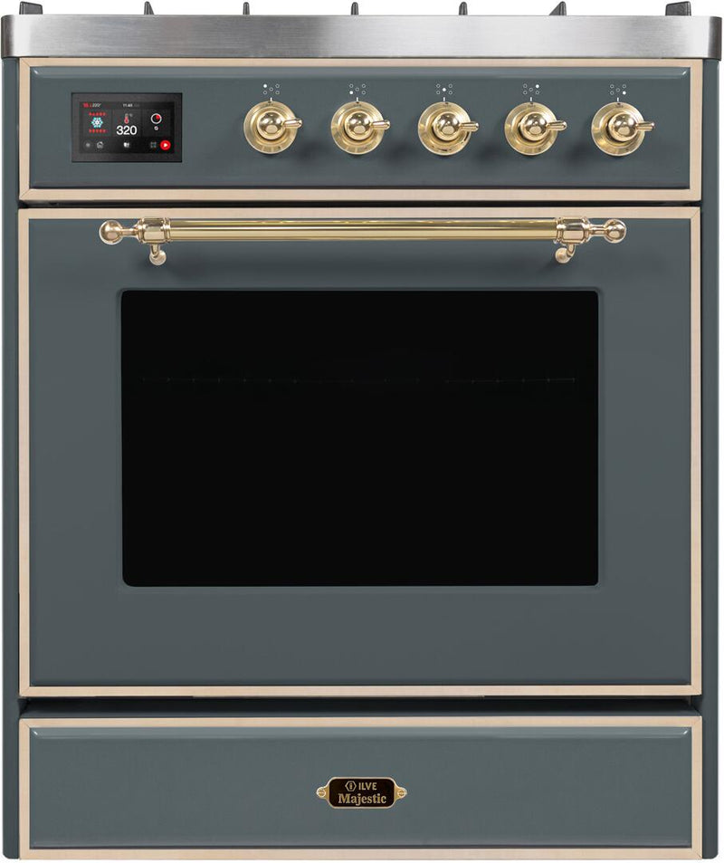 ILVE 30" Majestic II Dual Fuel Range with 5 Sealed Brass Burners - 3.5 cu. ft. Oven - in Blue Grey with Brass Trim (UM30DNE3BGG)