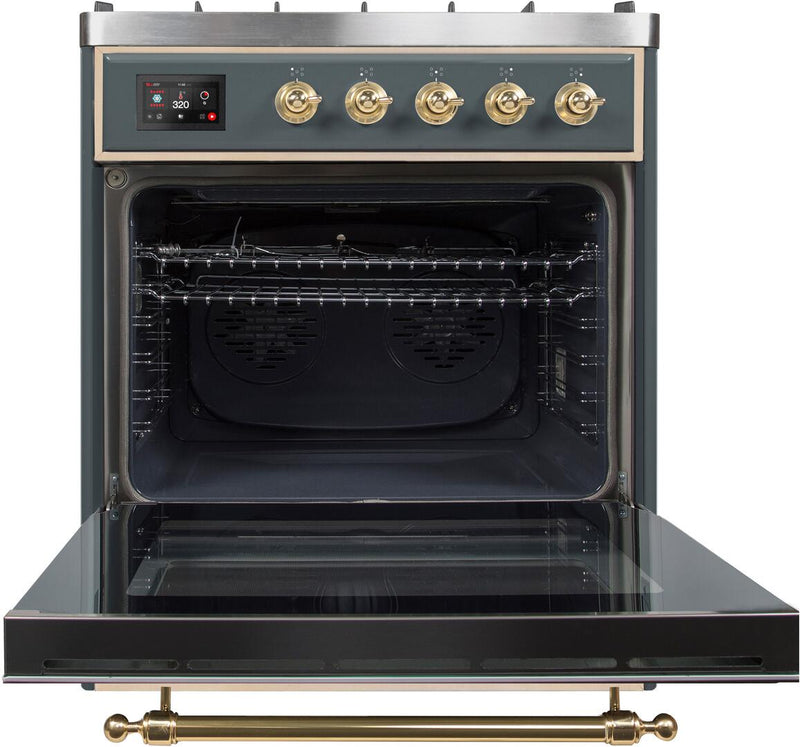 ILVE 30" Majestic II Dual Fuel Range with 5 Sealed Brass Burners - 3.5 cu. ft. Oven - in Blue Grey with Brass Trim (UM30DNE3BGG)