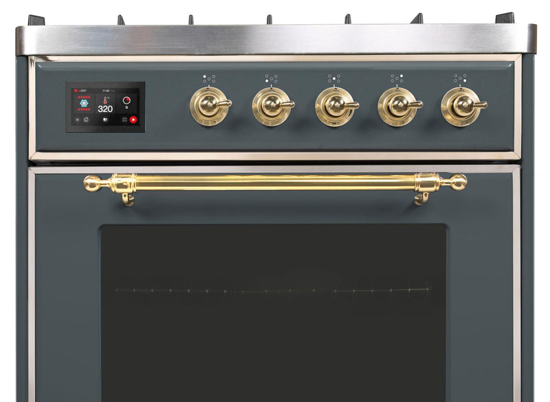 ILVE 30" Majestic II Dual Fuel Range with 5 Sealed Brass Burners - 3.5 cu. ft. Oven - in Blue Grey with Brass Trim (UM30DNE3BGG)