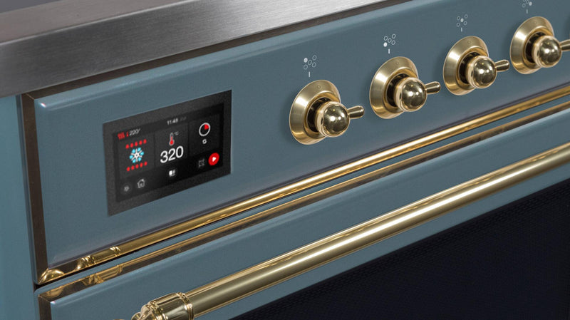 ILVE 30" Majestic II Dual Fuel Range with 5 Sealed Brass Burners - 3.5 cu. ft. Oven - in Blue Grey with Brass Trim (UM30DNE3BGG)