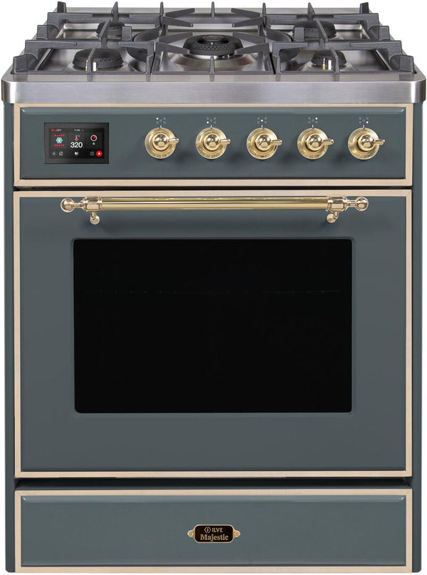 ILVE 30" Majestic II Dual Fuel Range with 5 Sealed Brass Burners - 3.5 cu. ft. Oven - in Blue Grey with Brass Trim (UM30DNE3BGG)