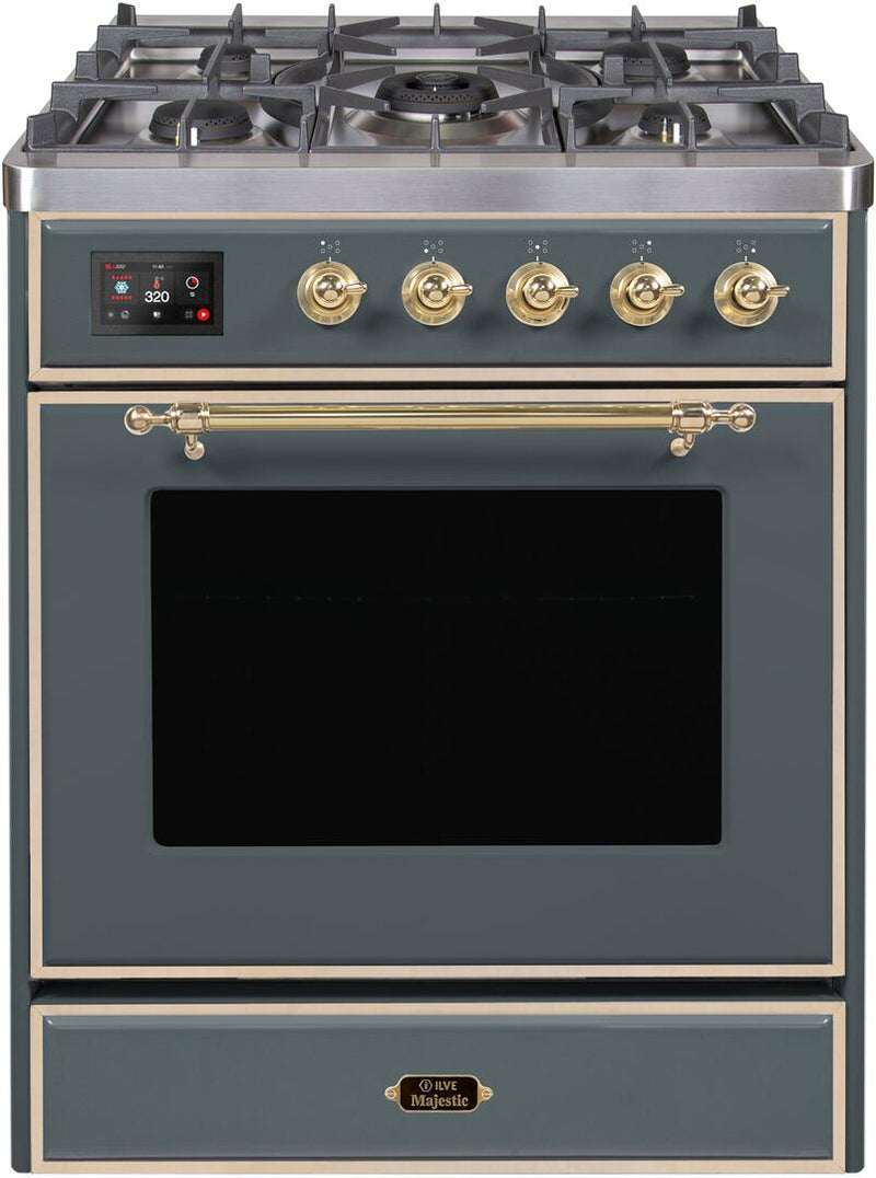 ILVE 30" Majestic II Dual Fuel Range with 5 Sealed Brass Burners - 3.5 cu. ft. Oven - in Blue Grey with Brass Trim (UM30DNE3BGG)