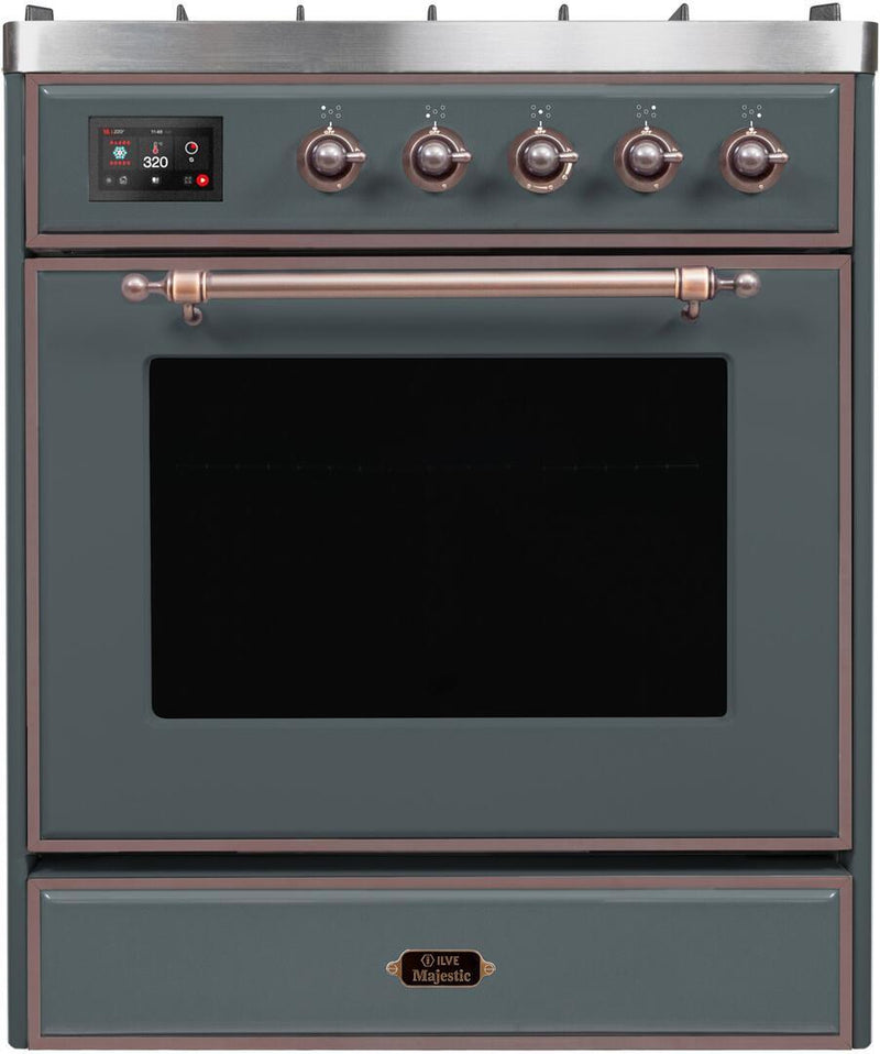 ILVE 30" Majestic II Dual Fuel Range with 5 Sealed Brass Burners - 3.5 cu. ft. Oven - in Blue Grey with Bronze Trim (UM30DNE3BGB)