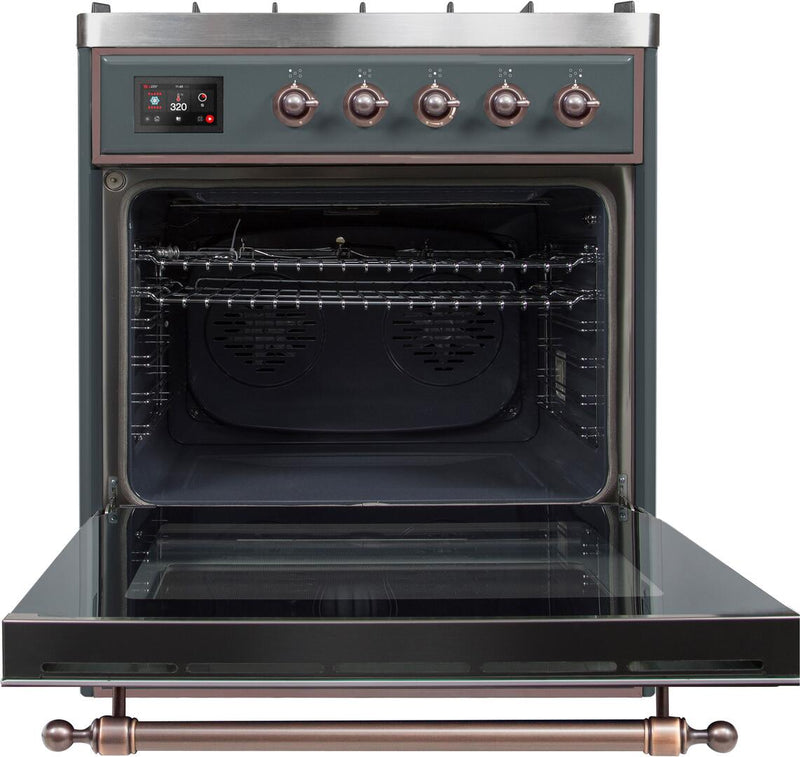 ILVE 30" Majestic II Dual Fuel Range with 5 Sealed Brass Burners - 3.5 cu. ft. Oven - in Blue Grey with Bronze Trim (UM30DNE3BGB)