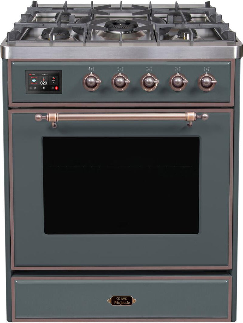 ILVE 30" Majestic II Dual Fuel Range with 5 Sealed Brass Burners - 3.5 cu. ft. Oven - in Blue Grey with Bronze Trim (UM30DNE3BGB)