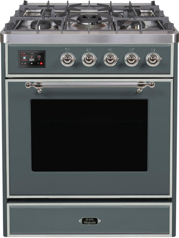 ILVE 30" Majestic II Dual Fuel Range with 5 Sealed Brass Burners - 3.5 cu. ft. Oven - in Blue Grey with Chrome (UM30DNE3BGC)