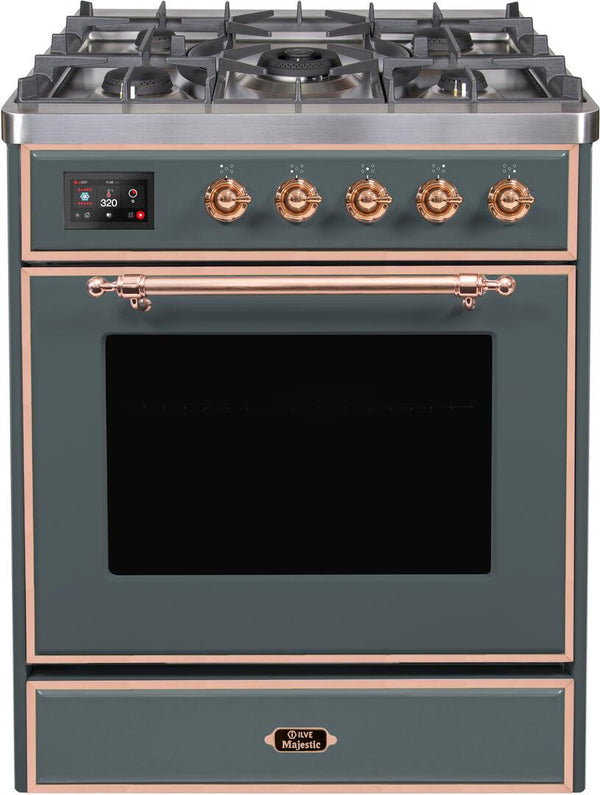 ILVE 30" Majestic II Dual Fuel Range with 5 Sealed Brass Burners - 3.5 cu. ft. Oven - in Blue Grey with Copper Trim (UM30DNE3BGP)