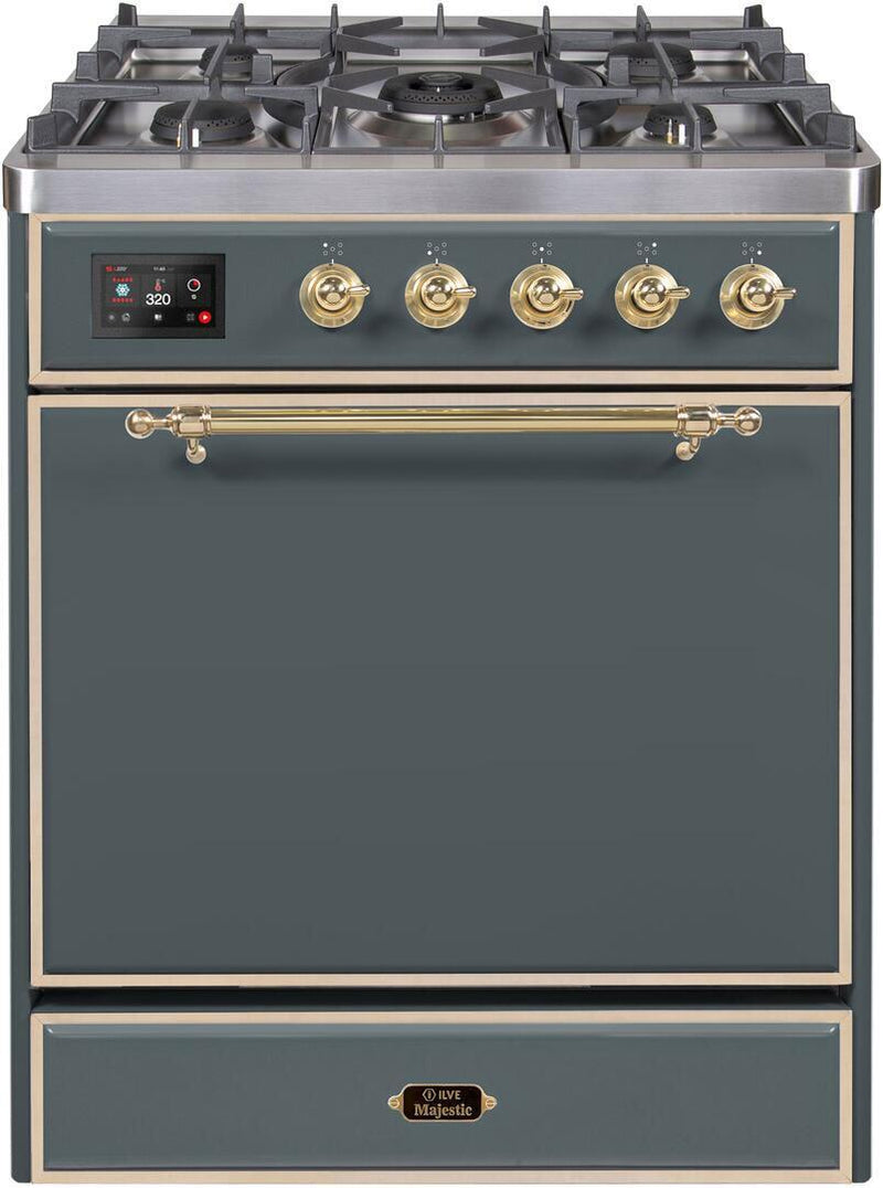 ILVE 30" Majestic II Series Freestanding Dual Fuel Single Oven Range with 5 Sealed Burners in Blue Grey with Brass Trim (UM30DQNE3BGG)