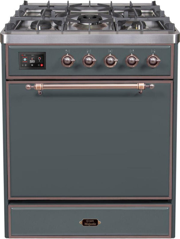 ILVE 30" Majestic II Series Freestanding Dual Fuel Single Oven Range with 5 Sealed Burners in Blue Grey with Bronze Trim (UM30DQNE3BGB)