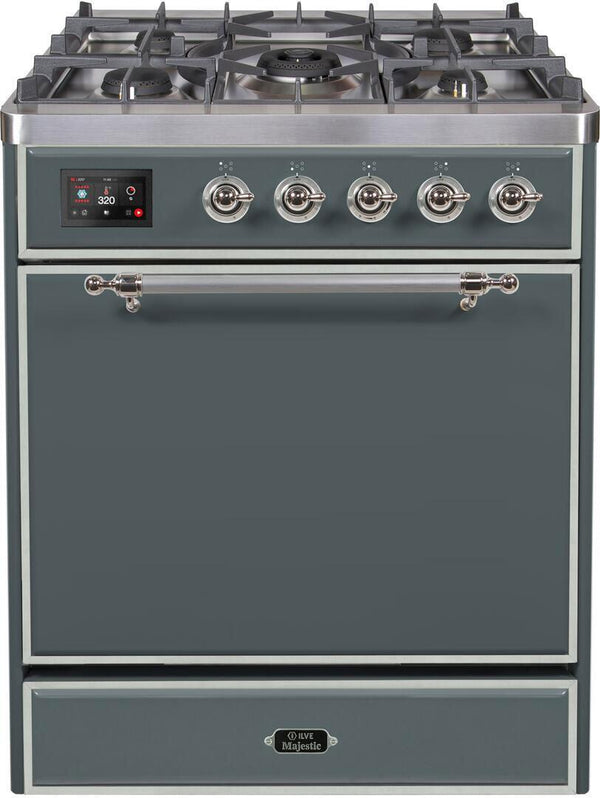 ILVE 30" Majestic II Series Freestanding Dual Fuel Single Oven Range with 5 Sealed Burners in Blue Grey with Chrome Trim (UM30DQNE3BGC)