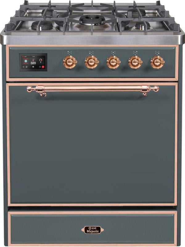 ILVE 30" Majestic II Series Freestanding Dual Fuel Single Oven Range with 5 Sealed Burners in Blue Grey with Copper Trim (UM30DQNE3BGP)