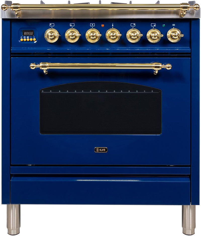 ILVE 30" Nostalgie - Dual Fuel Range with 5 Sealed Burners - 3 cu. ft. Oven - Brass Trim in Blue (UPN76DMPBL)