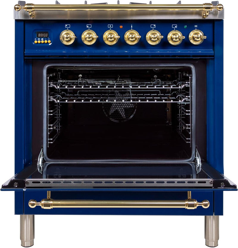 ILVE 30" Nostalgie - Dual Fuel Range with 5 Sealed Burners - 3 cu. ft. Oven - Brass Trim in Blue (UPN76DMPBL)