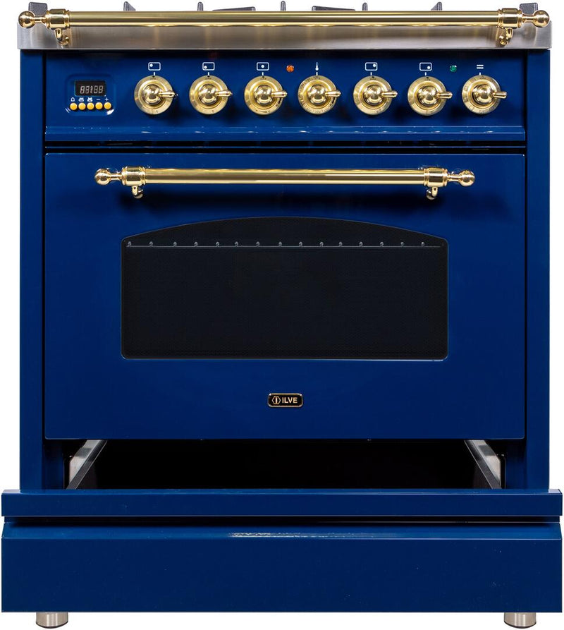 ILVE 30" Nostalgie - Dual Fuel Range with 5 Sealed Burners - 3 cu. ft. Oven - Brass Trim in Blue (UPN76DMPBL)