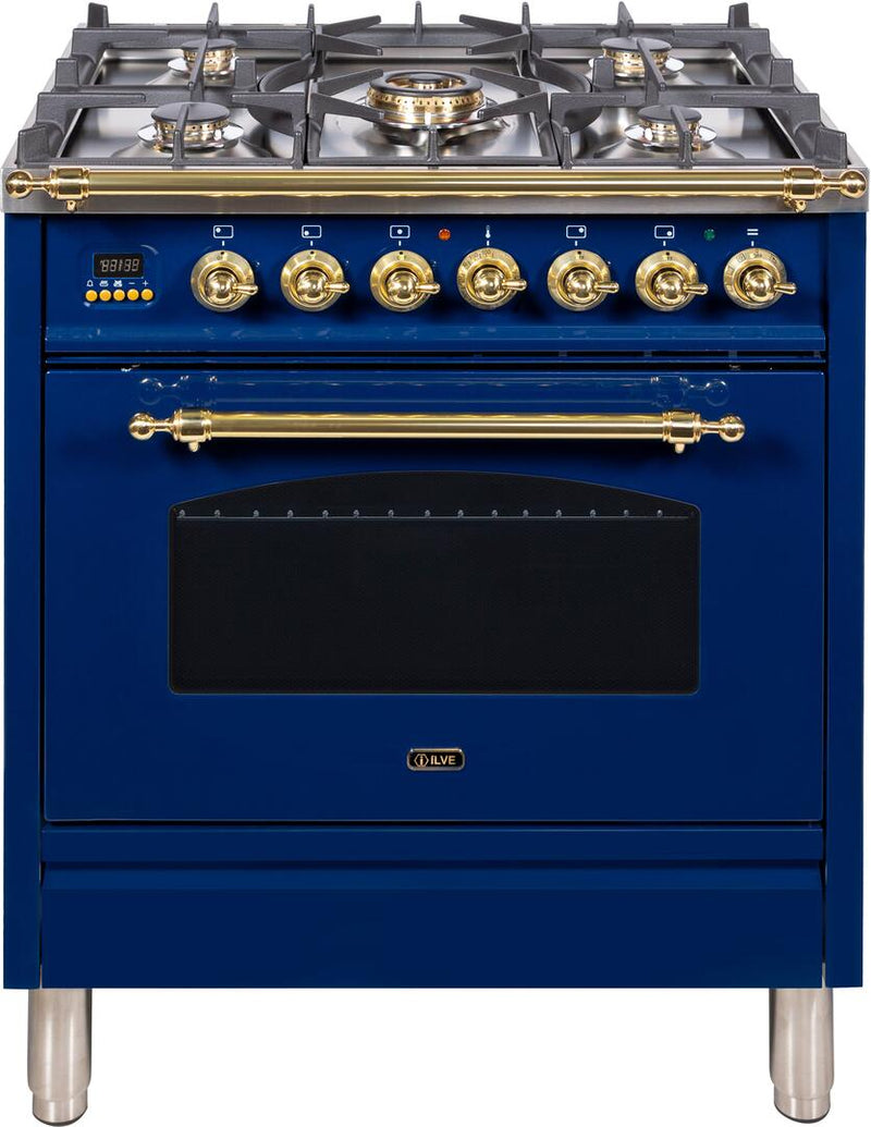 ILVE 30" Nostalgie - Dual Fuel Range with 5 Sealed Burners - 3 cu. ft. Oven - Brass Trim in Blue (UPN76DMPBL)