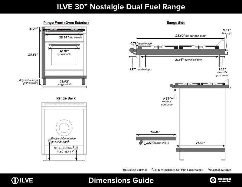 ILVE 30" Nostalgie - Dual Fuel Range with 5 Sealed Burners - 3 cu. ft. Oven - Brass Trim in Burgundy (UPN76DMPRB)