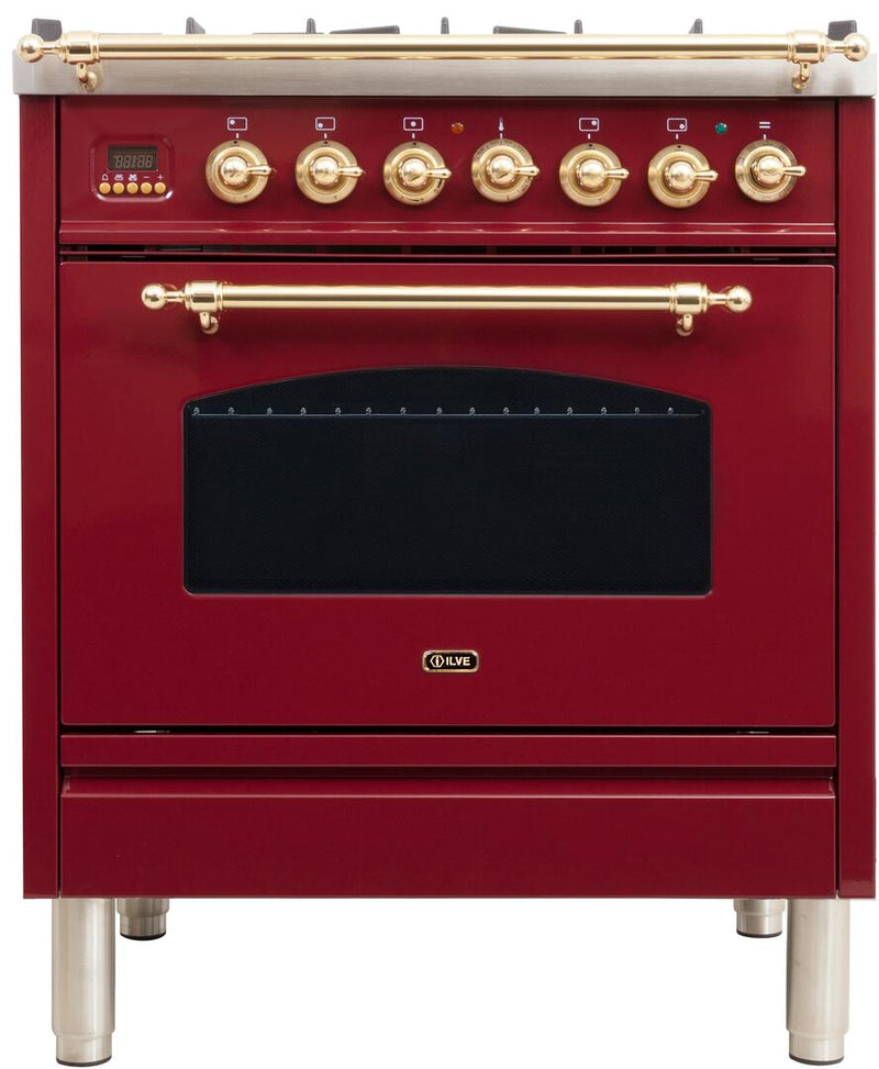 ILVE 30" Nostalgie - Dual Fuel Range with 5 Sealed Burners - 3 cu. ft. Oven - Brass Trim in Burgundy (UPN76DMPRB)