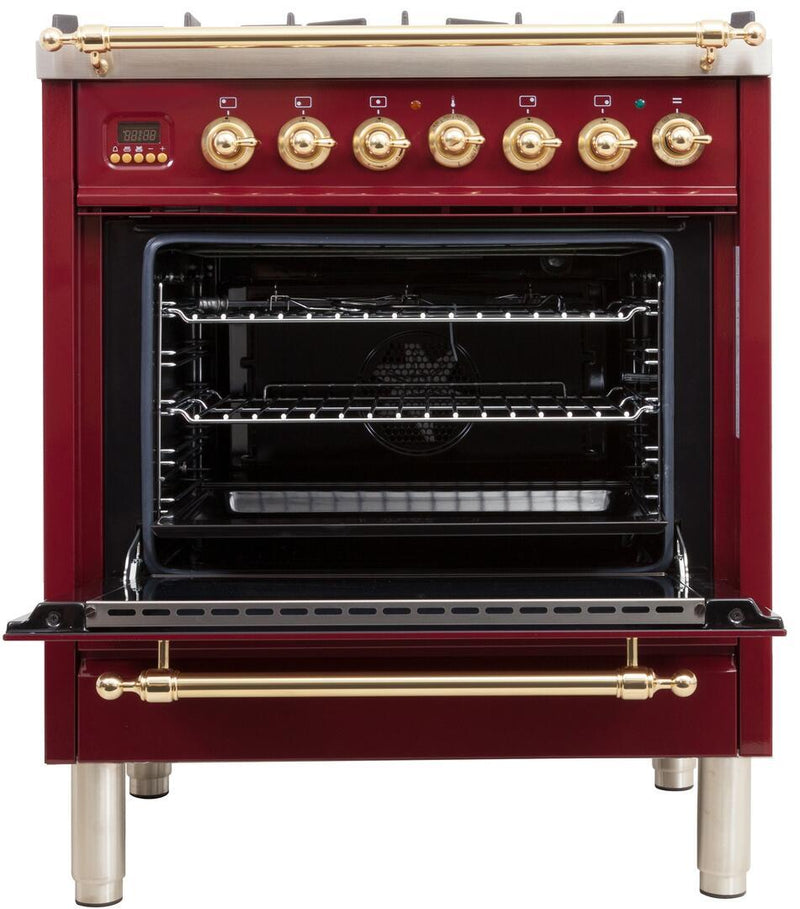 ILVE 30" Nostalgie - Dual Fuel Range with 5 Sealed Burners - 3 cu. ft. Oven - Brass Trim in Burgundy (UPN76DMPRB)