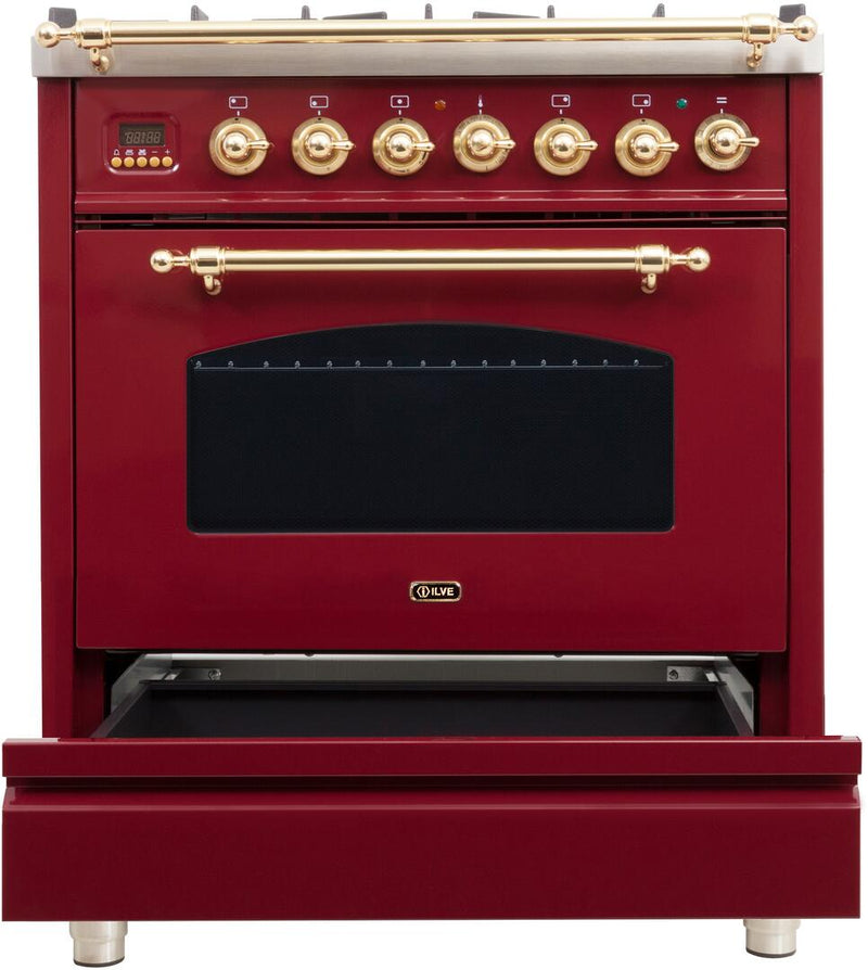 ILVE 30" Nostalgie - Dual Fuel Range with 5 Sealed Burners - 3 cu. ft. Oven - Brass Trim in Burgundy (UPN76DMPRB)