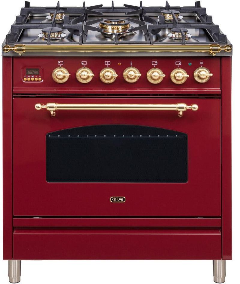 ILVE 30" Nostalgie - Dual Fuel Range with 5 Sealed Burners - 3 cu. ft. Oven - Brass Trim in Burgundy (UPN76DMPRB)