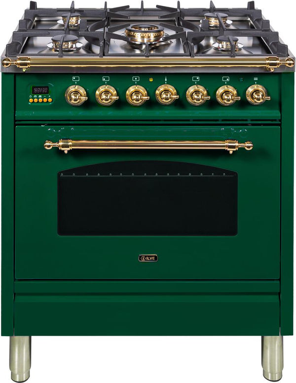 ILVE 30" Nostalgie - Dual Fuel Range with 5 Sealed Burners - 3 cu. ft. Oven - Brass Trim in Emerald Green (UPN76DMPVS)