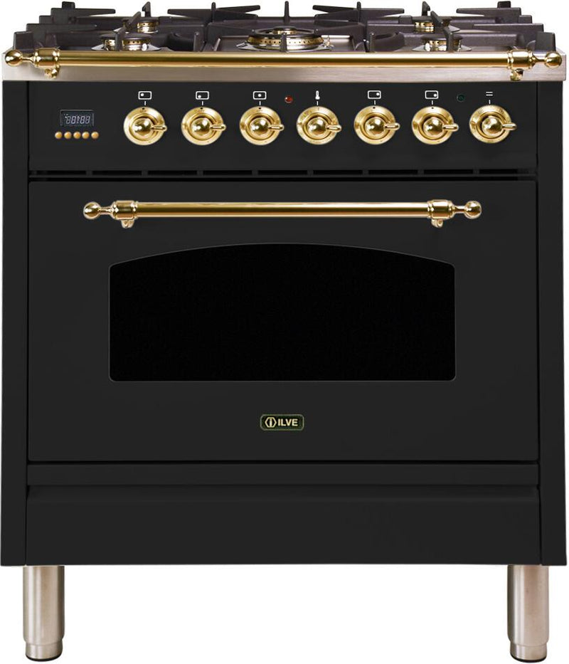 ILVE 30" Nostalgie - Dual Fuel Range with 5 Sealed Burners - 3 cu. ft. Oven - Brass Trim in Glossy Black (UPN76DMPN)