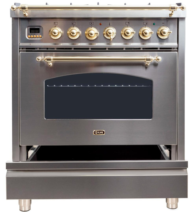 ILVE 30" Nostalgie - Dual Fuel Range with 5 Sealed Burners - 3 cu. ft. Oven - Brass Trim in Stainless Steel (UPN76DMPI)