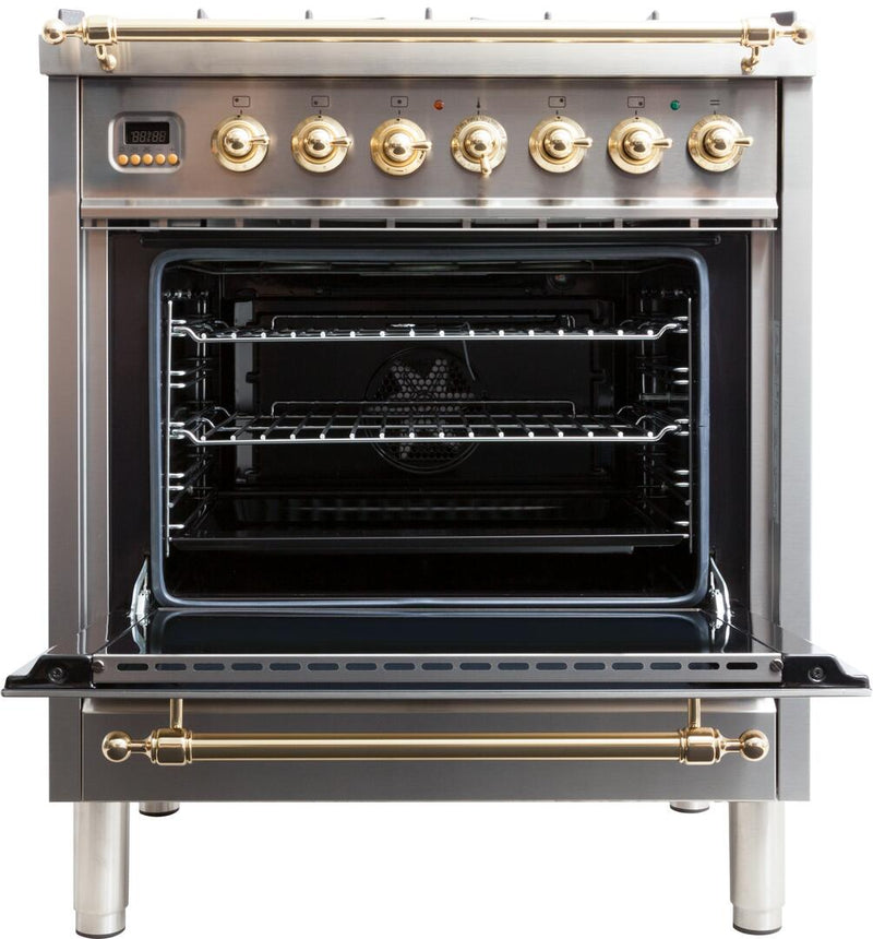 ILVE 30" Nostalgie - Dual Fuel Range with 5 Sealed Burners - 3 cu. ft. Oven - Brass Trim in Stainless Steel (UPN76DMPI)