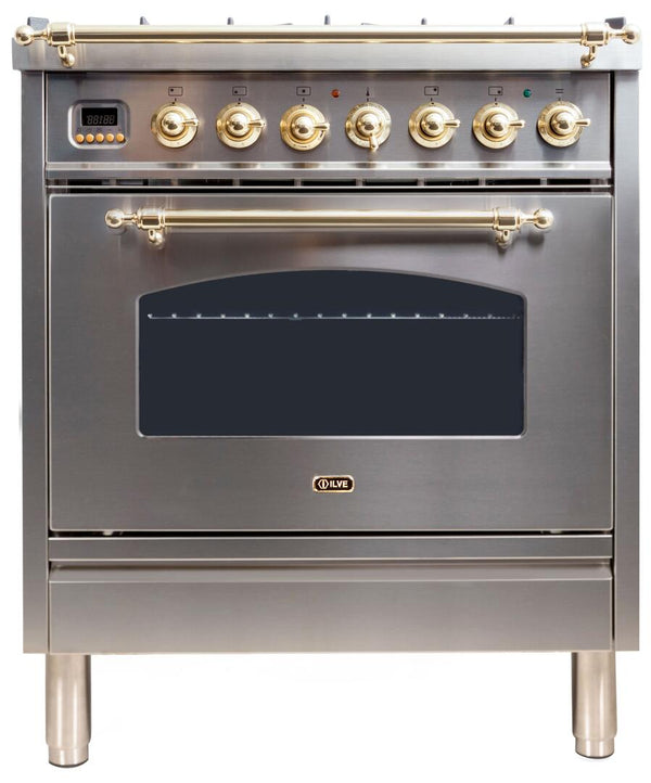 ILVE 30" Nostalgie - Dual Fuel Range with 5 Sealed Burners - 3 cu. ft. Oven - Brass Trim in Stainless Steel (UPN76DMPI)