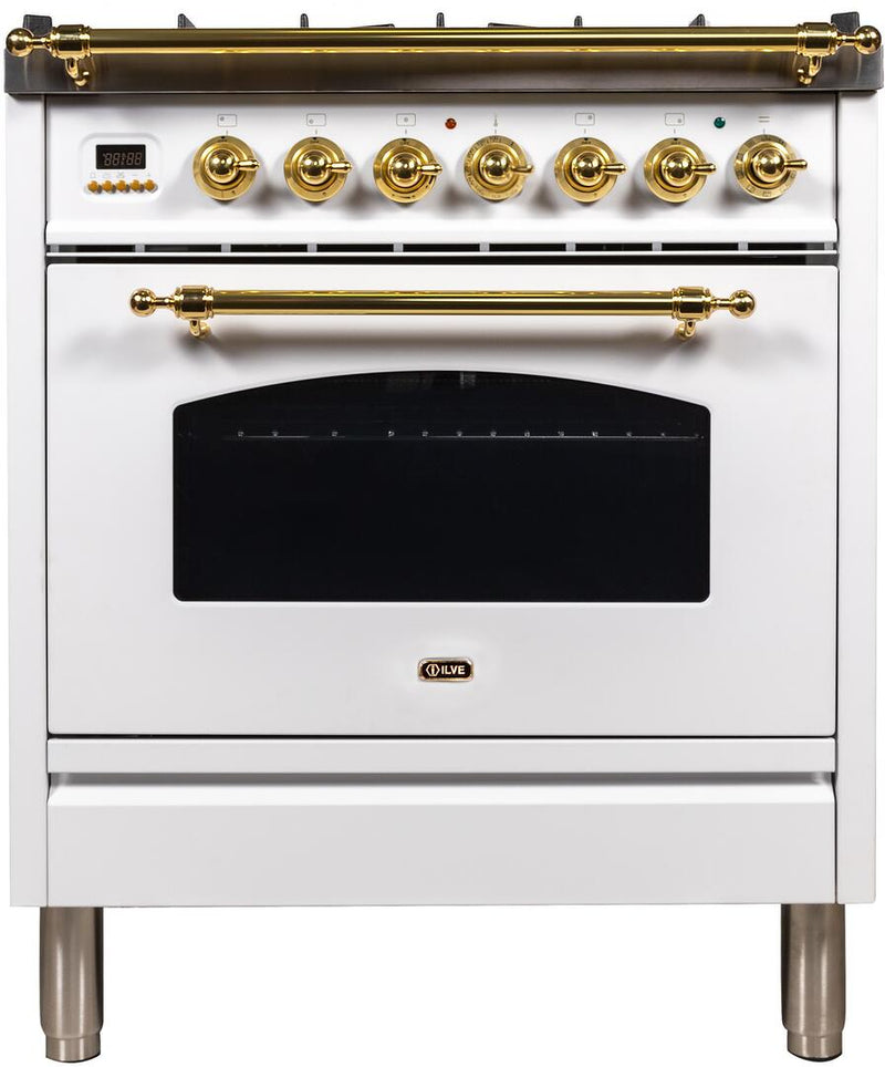 ILVE 30" Nostalgie - Dual Fuel Range with 5 Sealed Burners - 3 cu. ft. Oven - Brass Trim in White (UPN76DMPB)