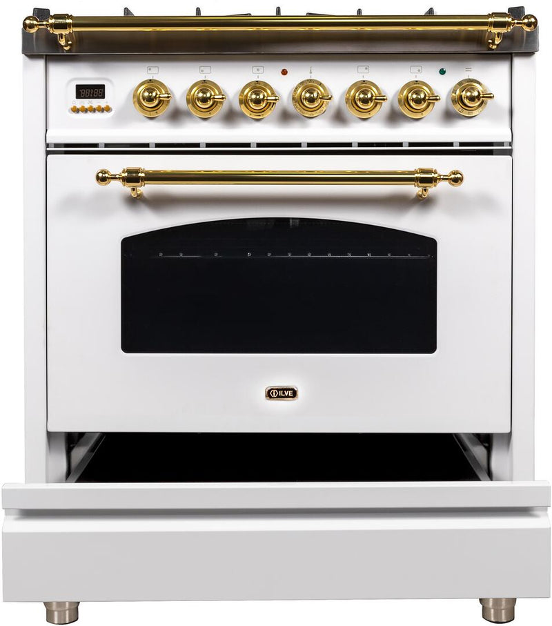 ILVE 30" Nostalgie - Dual Fuel Range with 5 Sealed Burners - 3 cu. ft. Oven - Brass Trim in White (UPN76DMPB)