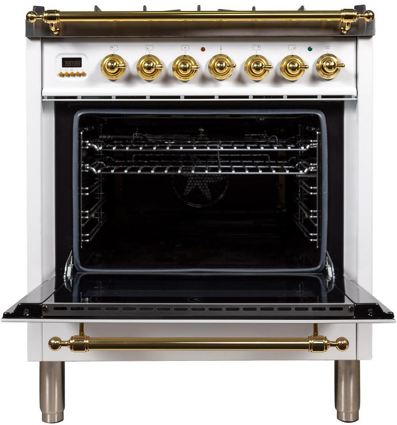 ILVE 30" Nostalgie - Dual Fuel Range with 5 Sealed Burners - 3 cu. ft. Oven - Brass Trim in White (UPN76DMPB)