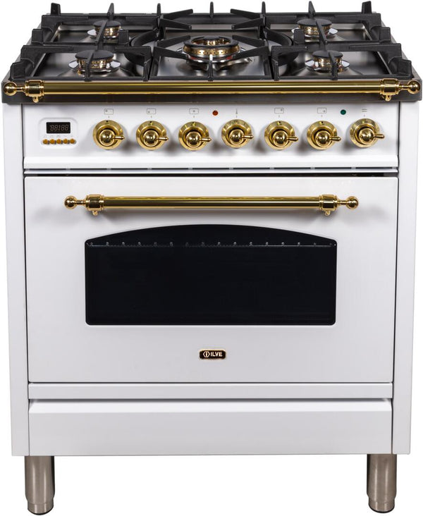 ILVE 30" Nostalgie - Dual Fuel Range with 5 Sealed Burners - 3 cu. ft. Oven - Brass Trim in White (UPN76DMPB)