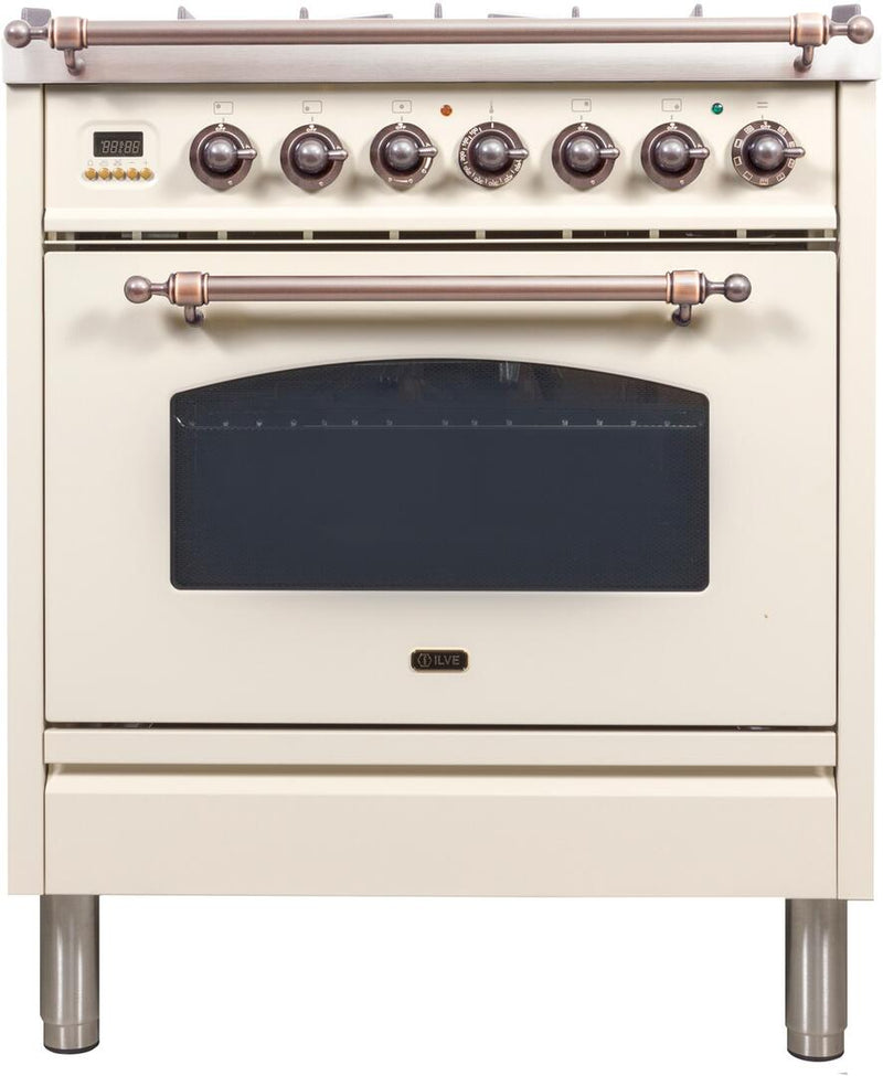 ILVE 30" Nostalgie - Dual Fuel Range with 5 Sealed Burners - 3 cu. ft. Oven - Bronze Trim in Antique White (UPN76DMPAY)