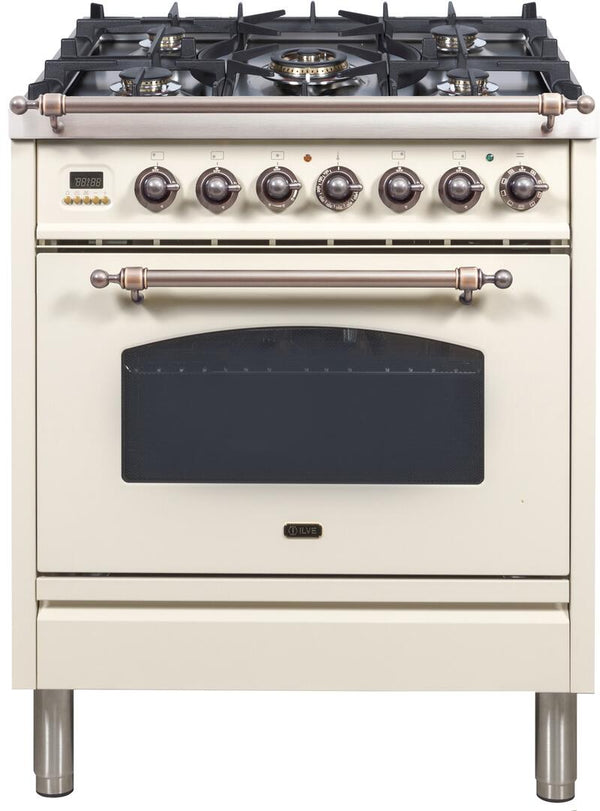 ILVE 30" Nostalgie - Dual Fuel Range with 5 Sealed Burners - 3 cu. ft. Oven - Bronze Trim in Antique White (UPN76DMPAY)