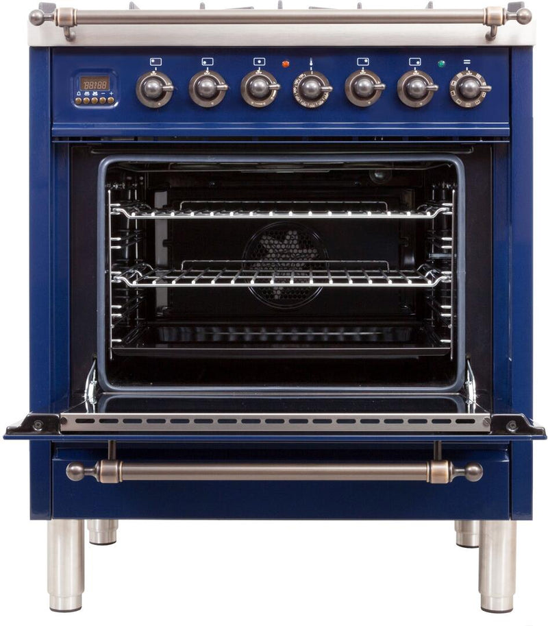 ILVE 30" Nostalgie - Dual Fuel Range with 5 Sealed Burners - 3 cu. ft. Oven - Bronze Trim in Blue (UPN76DMPBLY)