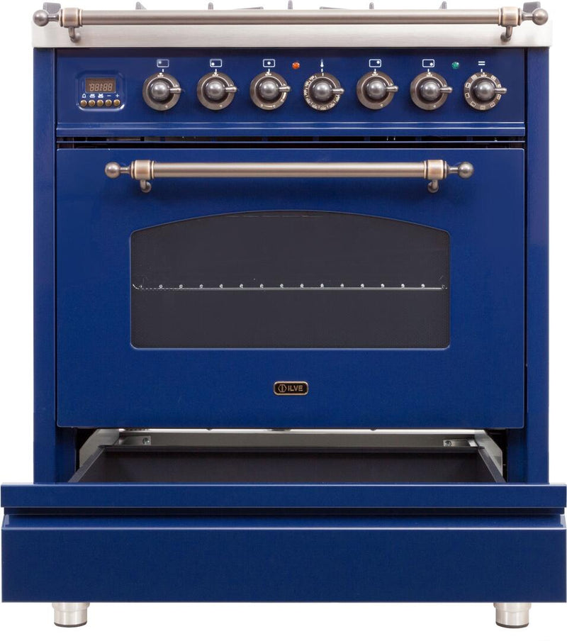 ILVE 30" Nostalgie - Dual Fuel Range with 5 Sealed Burners - 3 cu. ft. Oven - Bronze Trim in Blue (UPN76DMPBLY)